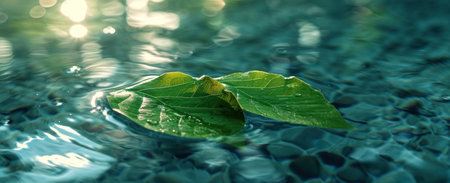 two green leaves were left in the water and reflected light from the water.の素材