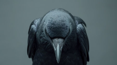 a crow with its head down, sitting in a gray studio.の素材