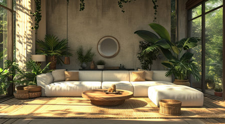 a living interior with white sofa and coffee table.の素材