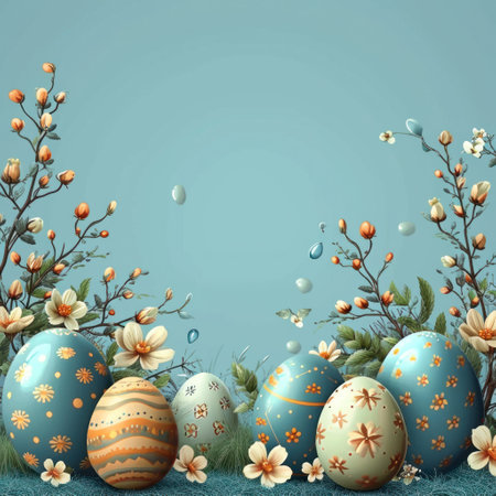 easter eggs with flowers and branches on dark blue background,.の素材