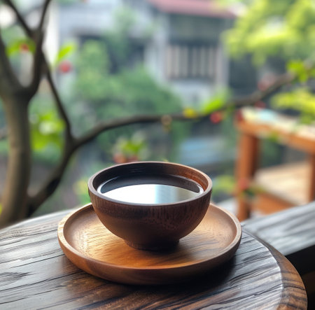 a wooden plate resting on top of a cup of coffee.の素材