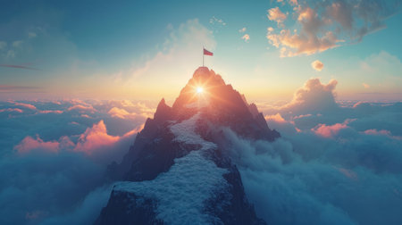 Concept of a Radiant Path to Success with a Flag on the Peak of a Mountain.の素材