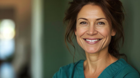 A compassionate nurse, in scrubs, smiles warmly, representing care and empathy in the healthcare profession.の素材