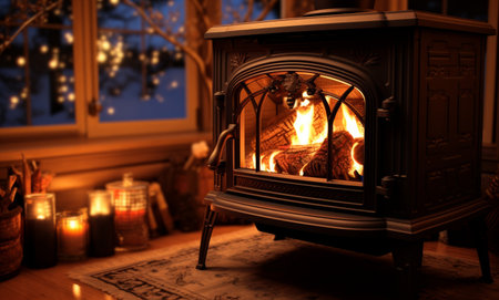 a fireplace with a wood stove in the background.の素材