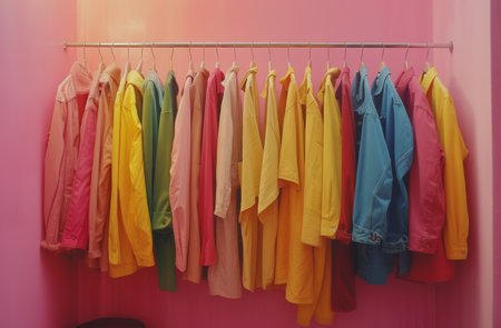 a rack of hanging from a pink wall.の素材