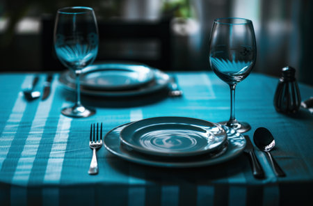 a blue dinner table with two plates and water glasses on it.の素材