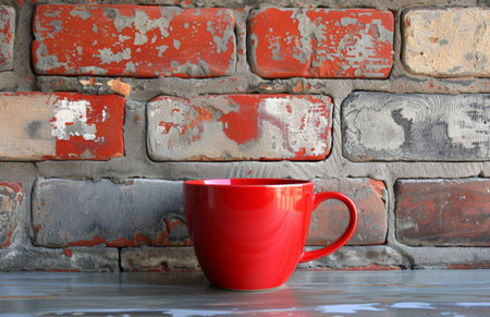 red coffee cup on white table against a brick wall.の素材