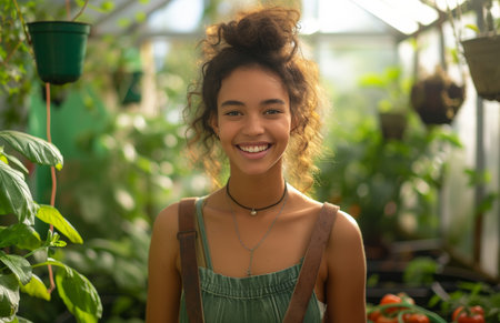 woman in a green house smiling.の素材
