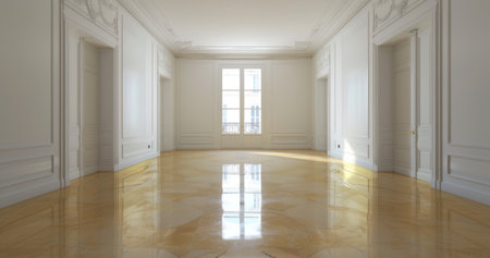 an empty room with white walls and a golden floor,.の素材