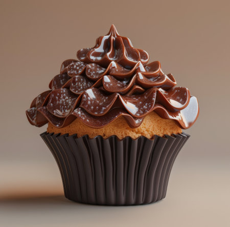 a cupcake with chocolate frosting that is topped with more frosting.の素材