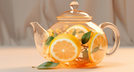 a glass teapot filled with lemon slices and leaves.の素材
