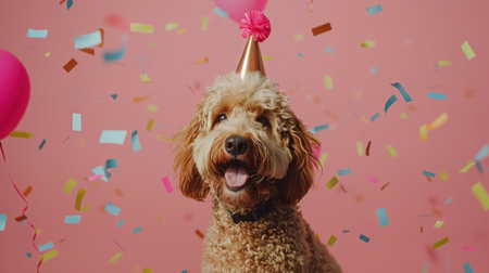 A joyful and adorable labradoodle dog, donning a party hat, is celebrating at a birthday party.の素材