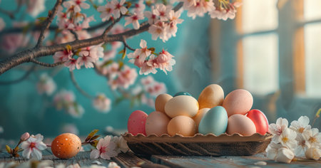 Wishing you a Joyful Easter! Picture of Easter eggs on a rustic table adorned with cherry blossoms.の素材