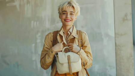 A young woman with short blond hair in a beige biker and golden trousers holds a white leather backpack.の素材