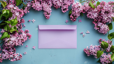Lovely spring lilac flowers arranged with an empty purple envelope against a blue backdrop..の素材
