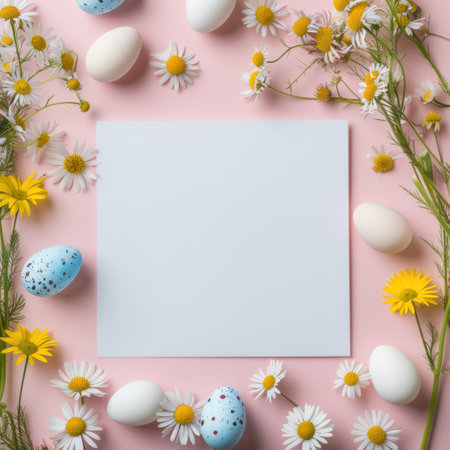 White paper on minimalist pink background with chamomile flowers, Easter eggs..の素材