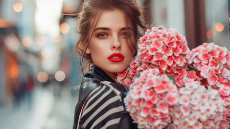 Fashionable young woman with red lipstick holding pink hydrangeas on city streetの素材