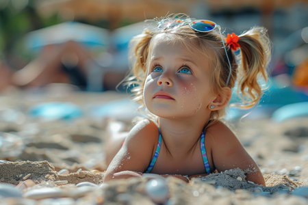 little girl on the beach with a sunburn on.の素材