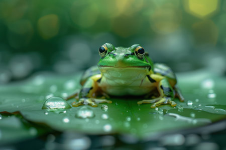 A small bright green frog sits on a water lily leaf in a forest pond.の素材