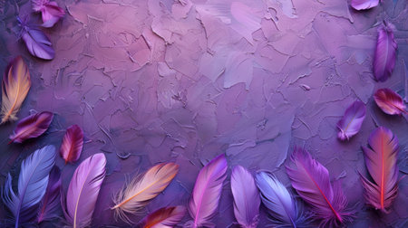 Purple background adorned with feathers, perfect for designs with ample space.の素材