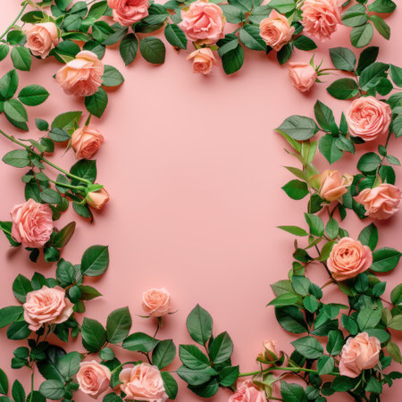 A banner featuring a frame crafted from rose flowers and green leaves against a pink backdropの素材
