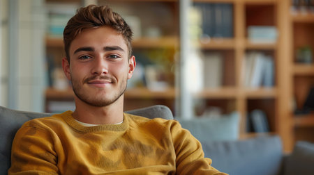 A young man sits in a chair at a consultation with a psychotherapist. He looks at the camera smiling.の素材