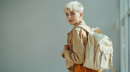 A young woman with short blond hair in a beige biker and golden trousers holds a white leather backpack.の素材