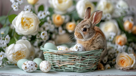 Wishing you a Joyful Easter! Picture Easter eggs and a rabbit in a green basket on a white old wooden table.の素材