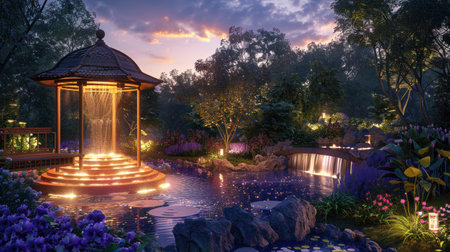 Beautiful background of a country plot with landscape design and night lighting.の素材