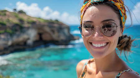 A radiant young woman in sunglasses and a headscarf smiles by the sea.の素材