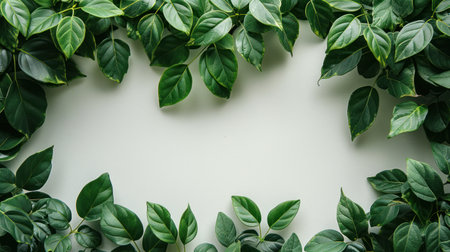 Abstract background of green leaves on a minimalistic white background with plenty of space for text.の素材