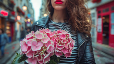 Glamorous young woman with bold red lips and leather jacket holding hydrangeasの素材