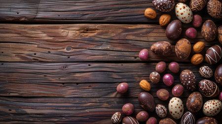 Chocolate Easter Eggs on a Wooden Background.の素材