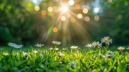 Beautiful minimalistic natural spring background. Below there is grass and flowers. Sun rays and bokeh from above.の素材