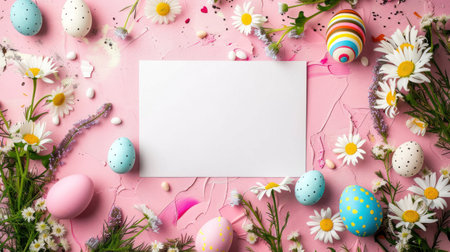 White paper on pink background with chamomile flowers, Easter eggs scattered..の素材