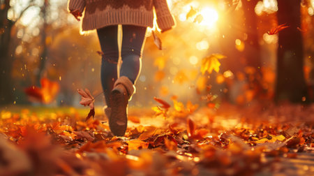 A woman in a cozy sweater kicks through a carpet of fallen leaves.の素材