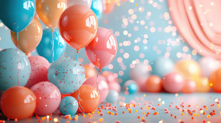 Vibrant birthday celebration backdrop featuring a colorful balloons.の素材