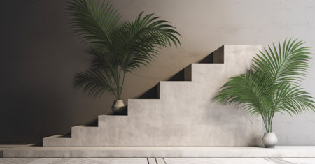 An empty room surrounded by a palm tree and white drywall, Illustration Generative AIの素材