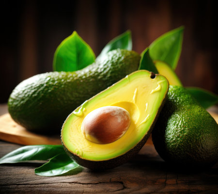 Avocado on dark wooden background. Illustration AI Generative AIの素材