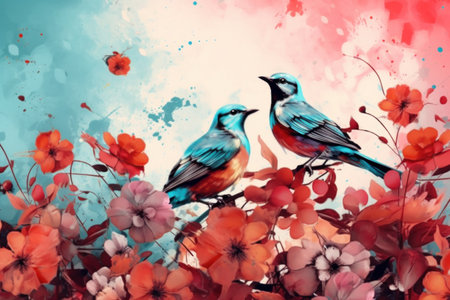 Natural bird and flowers background. Illustration Generative AIの素材