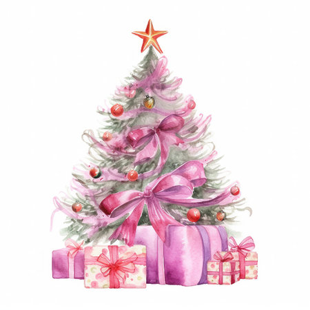 Watercolor Christmas Tree with Gifts. Illustration Generative AIの素材