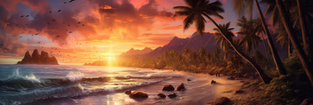 Tropical Palm Sunset Background. Illustration Generative AIの素材