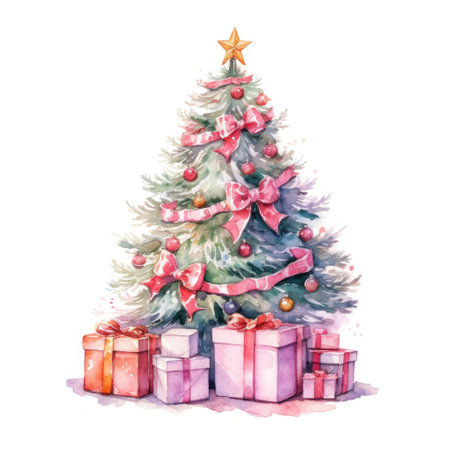 Watercolor Christmas Tree with Gifts. Illustration Generative AIの素材