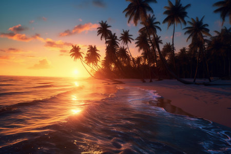 Tropical Palm Sunset Background. Illustration Generative AIの素材