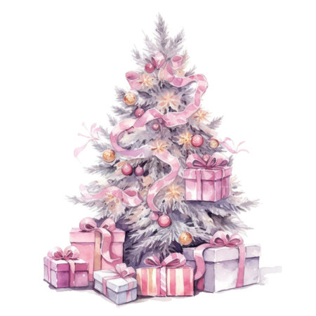 Watercolor Christmas Tree with Gifts. Illustration Generative AIの素材