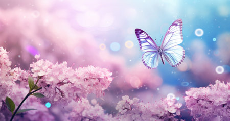 Butterfly on purple meadow. Illustration Generative AIの素材
