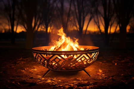 Outdoor campfire with lots of lighting by a lake Illustration Generative AIの素材