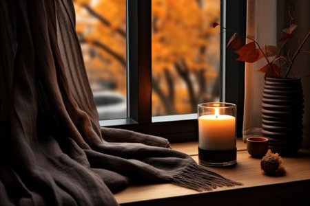 Autumn cozy background with candles. Illustration Generative AIの素材