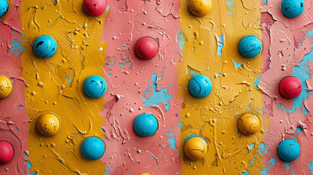 Detailed view of a wall covered in vibrant, colorful rocks creating a unique and textured surface.の素材