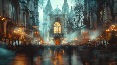 A painting depicting a bustling city street at night with illuminated buildings, glowing streetlights, and silhouetted figures.の素材